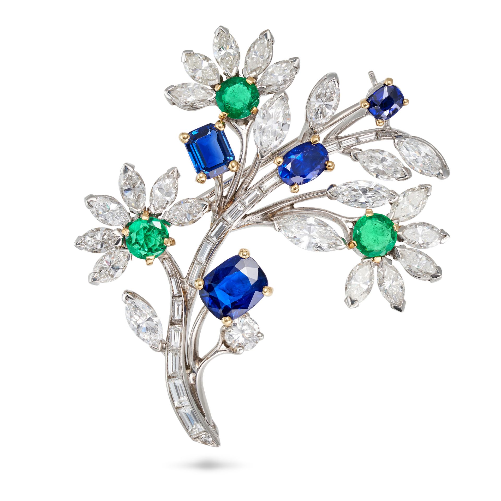 VAN CLEEF & ARPELS, AN UNHEATED SAPPHIRE, EMERALD AND DIAMOND FLORAL SPRAY BROOCH, 1950S in plati...