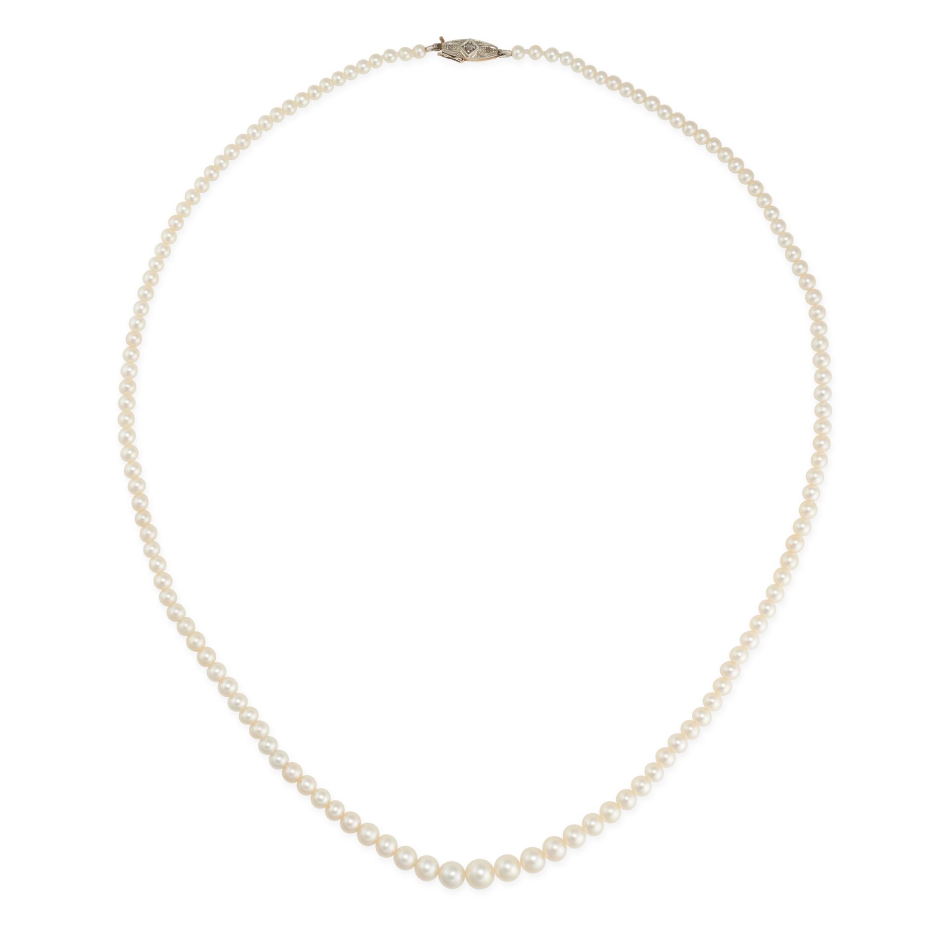 A NATURAL SALTWATER PEARL AND DIAMOND NECKLACE comprising a row of pearls ranging from 2.8mm to 6...