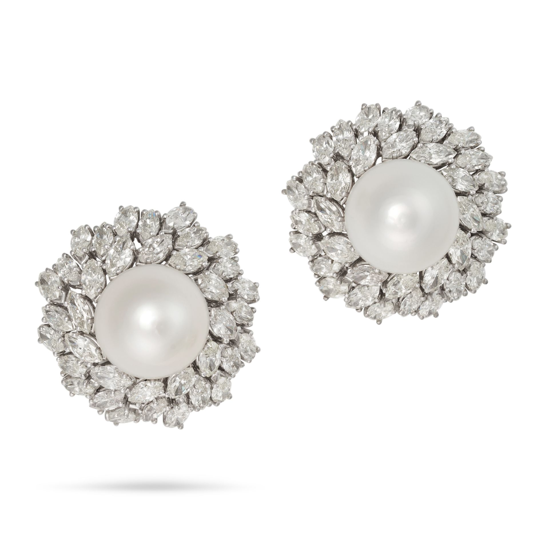 VAN CLEEF & ARPELS, A PAIR OF PEARL AND DIAMOND CLUSTER EARRINGS each set with a pearl of 15.5mm ...