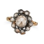 AN ANTIQUE DIAMOND CLUSTER RING in yellow gold and silver, set with a cluster of rose cut diamond...