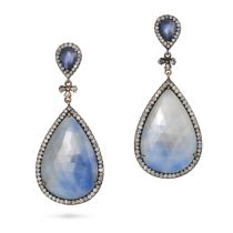 A PAIR OF SAPPHIRE AND DIAMOND DROP EARRINGS each set with a pear shaped rose cut sapphire in a b...