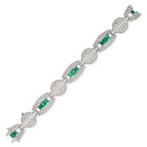 AN EMERALD AND DIAMOND BRACELET in platinum and 18ct white gold, comprising a row of pierced and ...