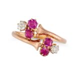AN ANTIQUE RUBY AND DIAMOND CLOVER CROSSOVER RING in yellow gold, the crossover band terminating ...