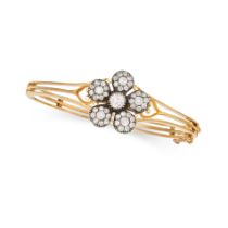 AN ANTIQUE DIAMOND FLOWER BANGLE in yellow gold and silver, the hinged bangle designed as a flowe...