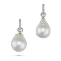A PAIR OF BAROQUE PEARL AND DIAMOND DROP EARRINGS each comprising a hoop set with round cut diamo...