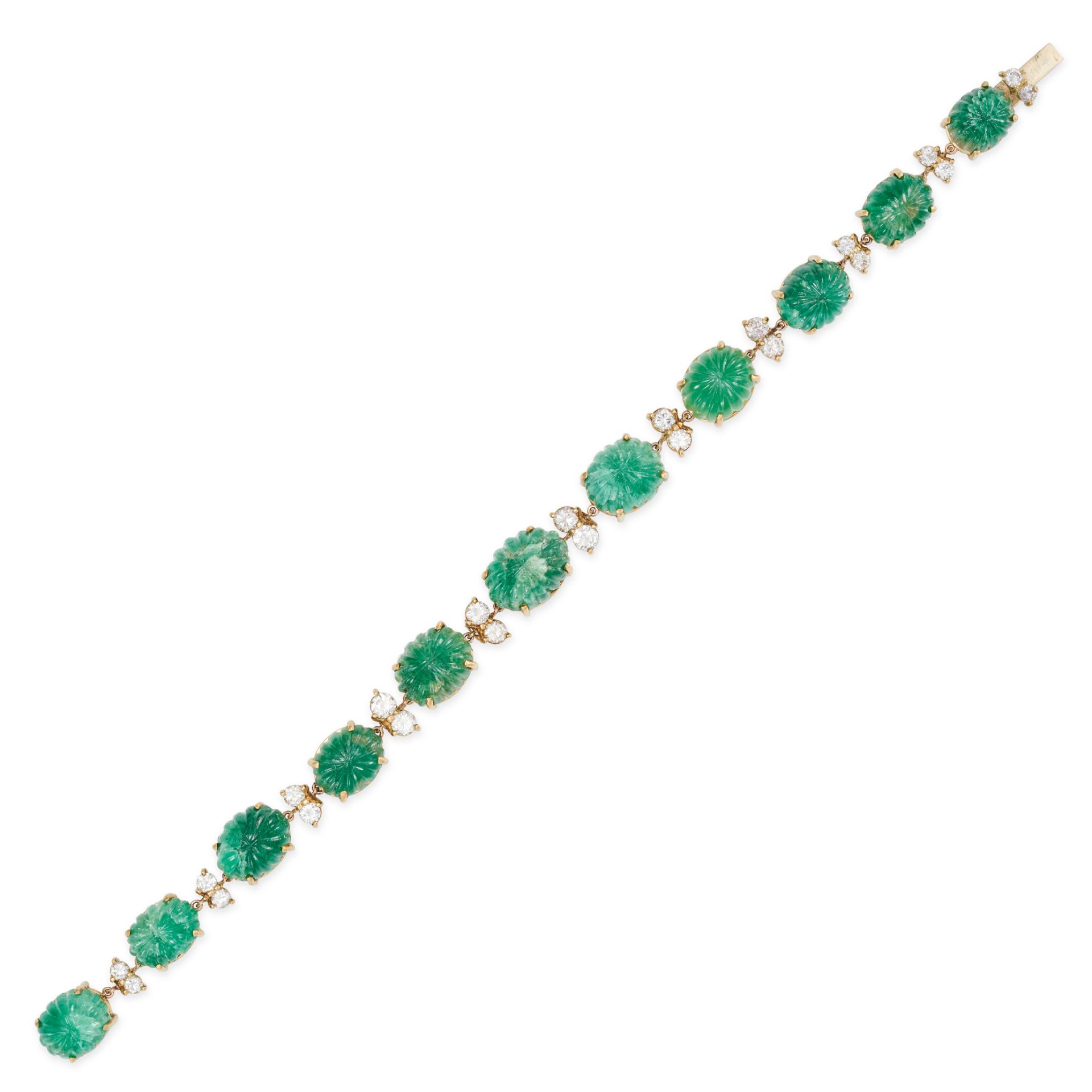 AN EMERALD AND DIAMOND BRACELET comprising a row of oval cabochon carved emeralds accented by pai...