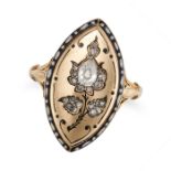 AN ANTIQUE DIAMOND AND ENAMEL NAVETTE RING in yellow gold, the navette ring designed as a flower ...