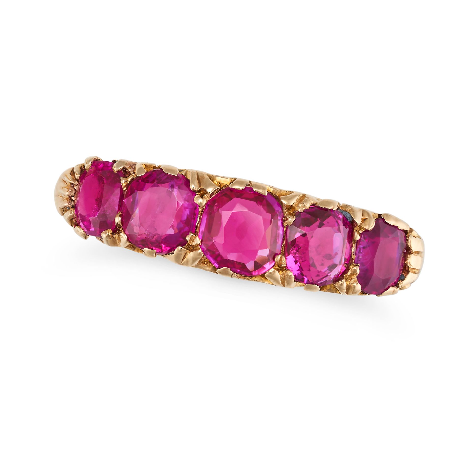 A BURMA NO HEAT RUBY FIVE STONE RING set with a row of five cushion cut rubies, the rubies all to...