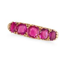 A BURMA NO HEAT RUBY FIVE STONE RING set with a row of five cushion cut rubies, the rubies all to...