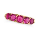 A BURMA NO HEAT RUBY FIVE STONE RING set with a row of five cushion cut rubies, the rubies all to...