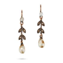 A PAIR OF PEARL AND DIAMOND DROP EARRINGS each set with a seed pearl suspending foliate style lin...