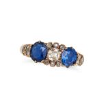 AN ANTIQUE SAPPHIRE AND DIAMOND RING in yellow gold, set with an old cut diamond of approximately...