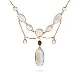 AN ANTIQUE MOONSTONE AND GREEN TOURMALINE FESTOON NECKLACE in yellow gold, comprising a row of ov...
