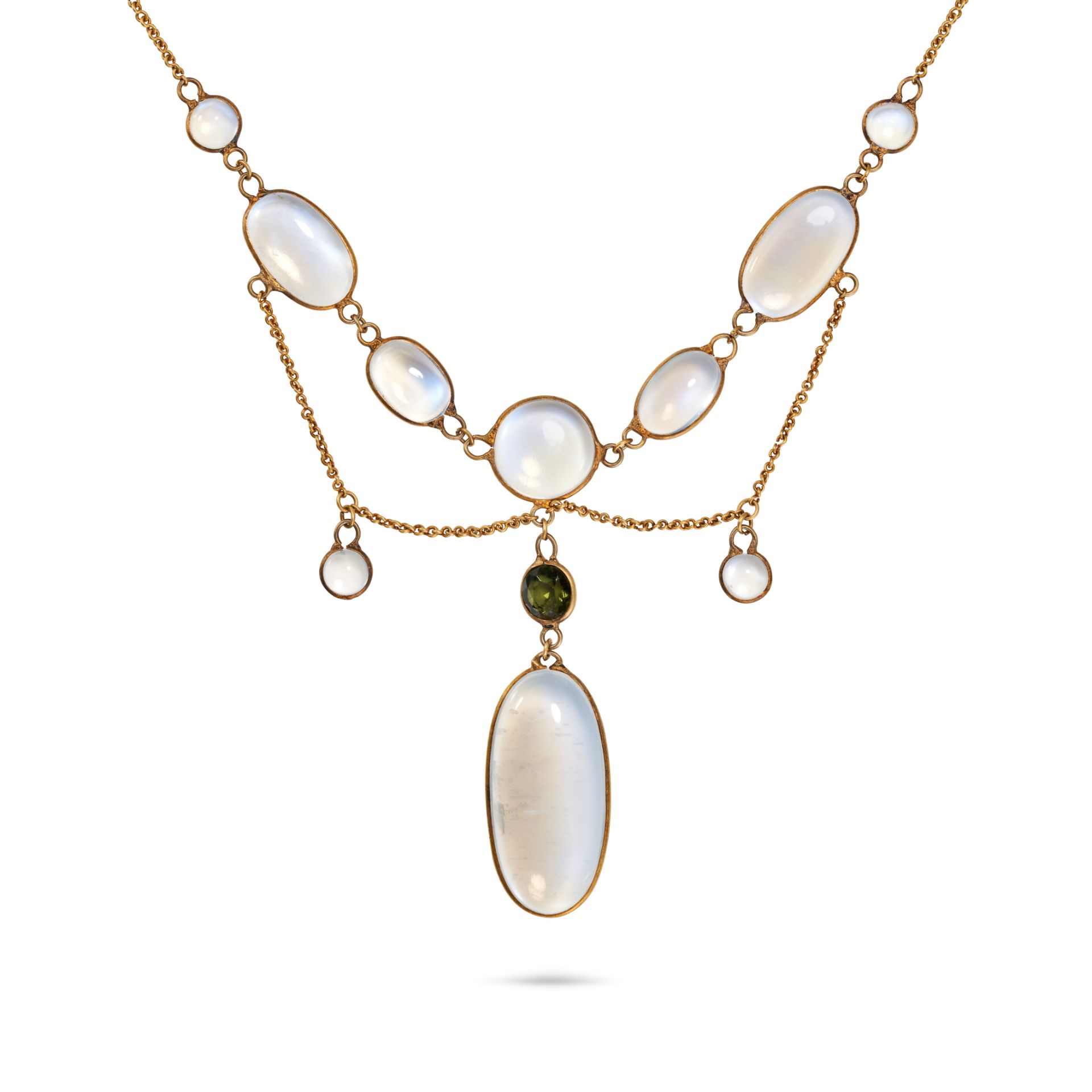 AN ANTIQUE MOONSTONE AND GREEN TOURMALINE FESTOON NECKLACE in yellow gold, comprising a row of ov...