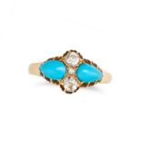 AN ANTIQUE TURQUOISE AND DIAMOND RING in yellow gold, set with two pear shaped cabochon turquoise...