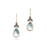 A PAIR OF BLUE TOPAZ AND DIAMOND DROP EARRINGS each comprising a foliate motif set with rose cut ...