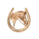 A HORSE AND HORSESHOE BROOCH in 9ct yellow gold, designed as the head of a horse in a horseshoe, ...