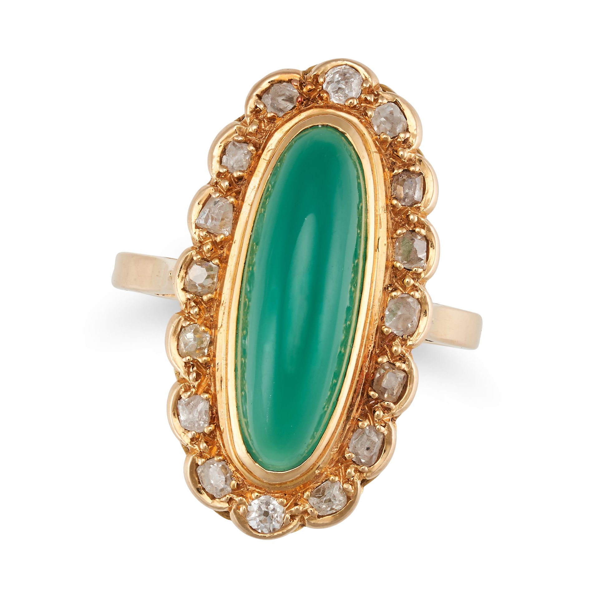 AN ANTIQUE FRENCH CHRYSOPRASE AND DIAMOND CLUSTER RING in 18ct yellow gold, set with an oval cabo...