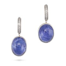 A PAIR OF TANZANITE AND DIAMOND DROP EARRINGS each comprising a hoop set with round brilliant cut...