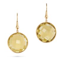 A PAIR OF CITRINE DROP EARRINGS each suspending a round faceted citrine drop, stamped 18K, 4.1cm,...
