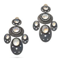 A PAIR OF RAINBOW MOONSTONE AND DIAMOND DROP CLIP EARRINGS each comprising a series of textured o...