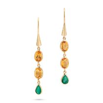 A PAIR OF CITRINE AND EMERALD DROP EARRINGS each set with two oval cut citrines and a pear cut em...
