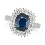 AN UNHEATED SAPPHIRE AND DIAMOND RING set with a cushion cut bluish-green sapphire of 3.28 carats...