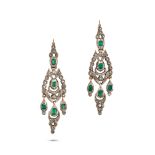 A PAIR OF ANTIQUE IBERIAN EMERALD AND DIAMOND DROP EARRINGS in yellow gold and silver, the articu...