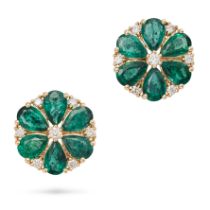 A PAIR OF EMERALD AND DIAMOND FLORAL EARRINGS each set with a central round brilliant cut diamond...