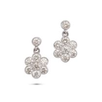 A PAIR OF DIAMOND CLUSTER DROP EARRINGS each set with a round brilliant cut diamond suspending a ...