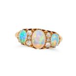 AN ANTIQUE OPAL AND DIAMOND RING in 18ct yellow gold, set with three cabochon opals, accented by ...