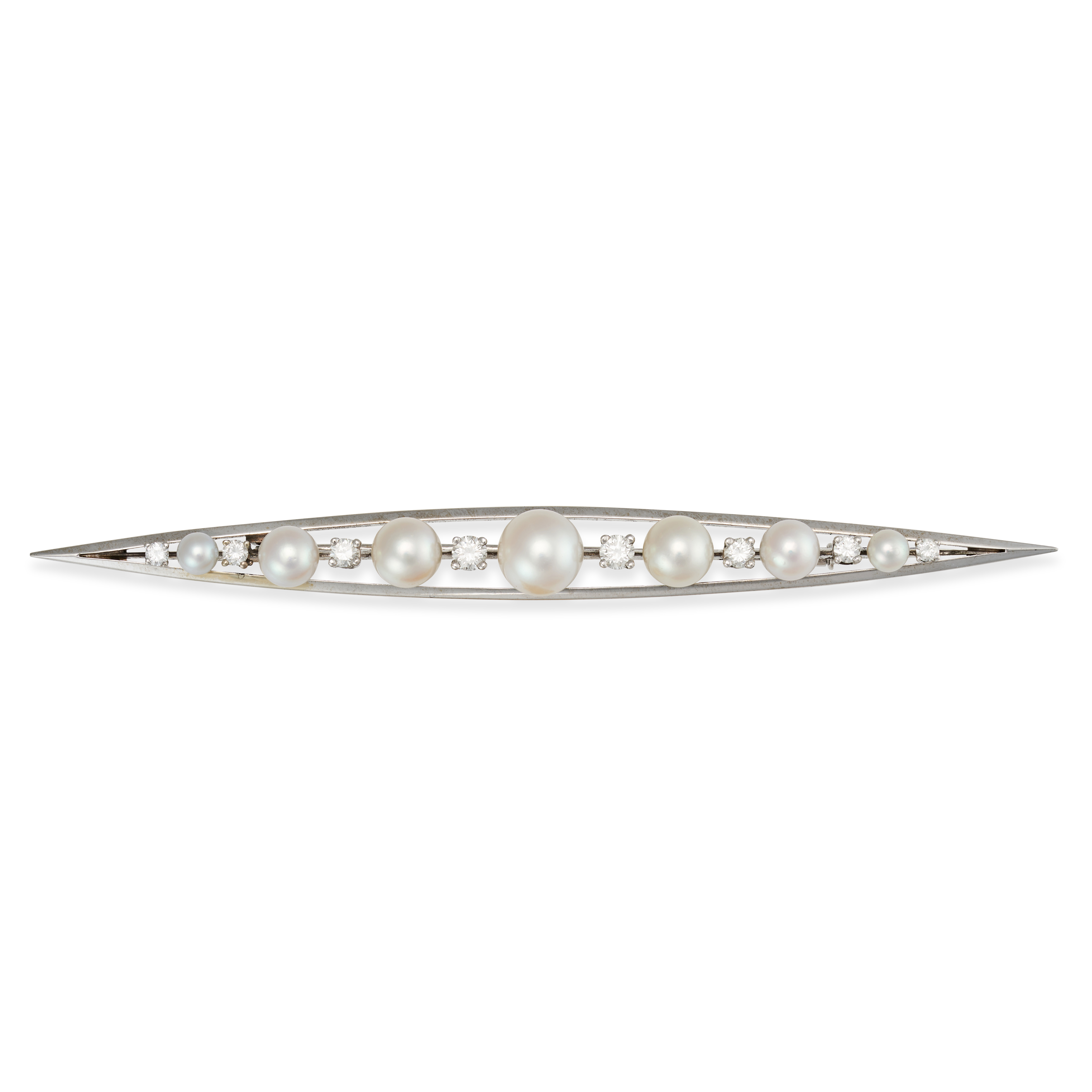 A PEARL AND DIAMOND BAR BROOCH the tapering brooch set with alternating pearls and round brillian...