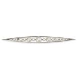 A PEARL AND DIAMOND BAR BROOCH the tapering brooch set with alternating pearls and round brillian...