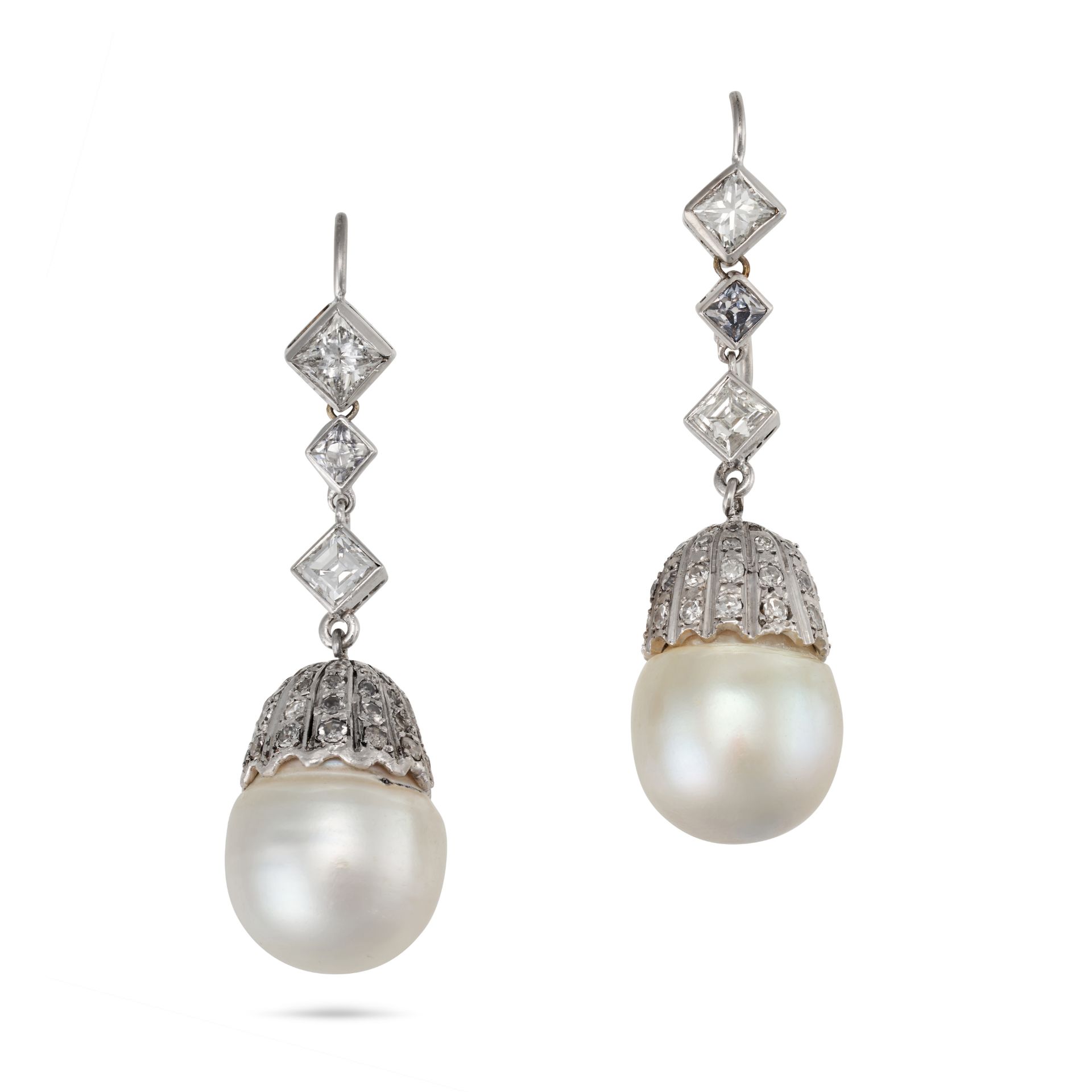 A PAIR OF DIAMOND AND PEARL DROP EARRINGS in white gold, each comprising a row of princess and ca...