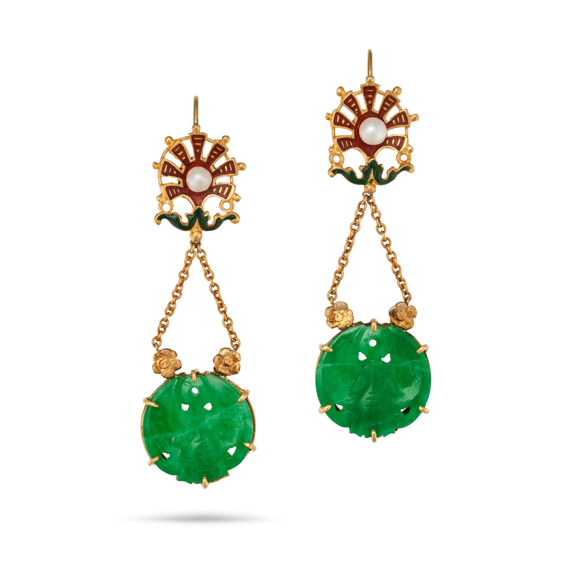 A PAIR OF JADEITE JADE, PEARL AND ENAMEL DROP EARRINGS in yellow gold, each earring designed as a...