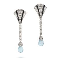 A PAIR OF AQUAMARINE, DIAMOND AND ENAMEL DROP EARRINGS the shield shaped earrings set with round ...