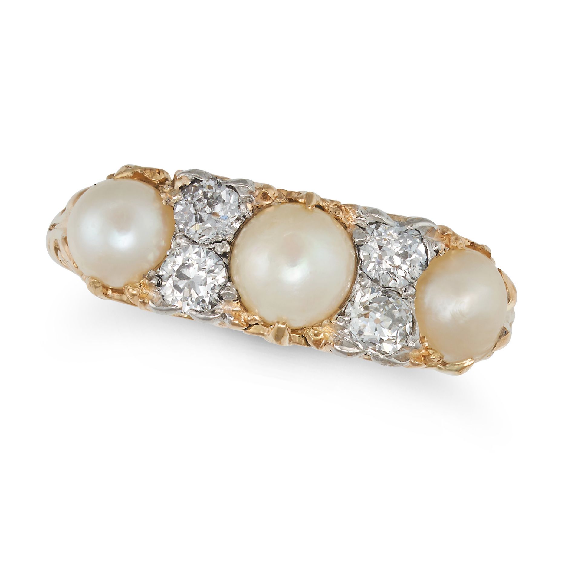 AN ANTIQUE PEARL AND DIAMOND RING in yellow gold, set with three pearls accented by pairs of old ...