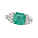 AN EMERALD AND DIAMOND RING set with an octagonal step cut emerald, the stepped shoulders set wit...