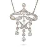 A DIAMOND AND PEARL PENDANT NECKLACE the openwork pendant set with old and round cut diamonds acc...