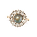AN ANTIQUE BLACK PEARL AND DIAMOND RING in yellow gold, set with a black pearl of 7.1mm in a clus...