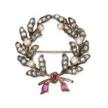 AN ANTIQUE DIAMOND, PEARL AND RUBY WREATH BROOCH in yellow gold and silver, designed as a wreath ...