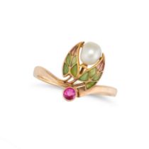 AN ANTIQUE ART NOUVEAU RUBY, PEARL AND PLIQUE A JOUR RING in yellow gold, designed as a pair of l...