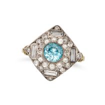 A BLUE ZIRCON AND DIAMOND DRESS RING set with a round cut blue zircon accented by round brilliant...