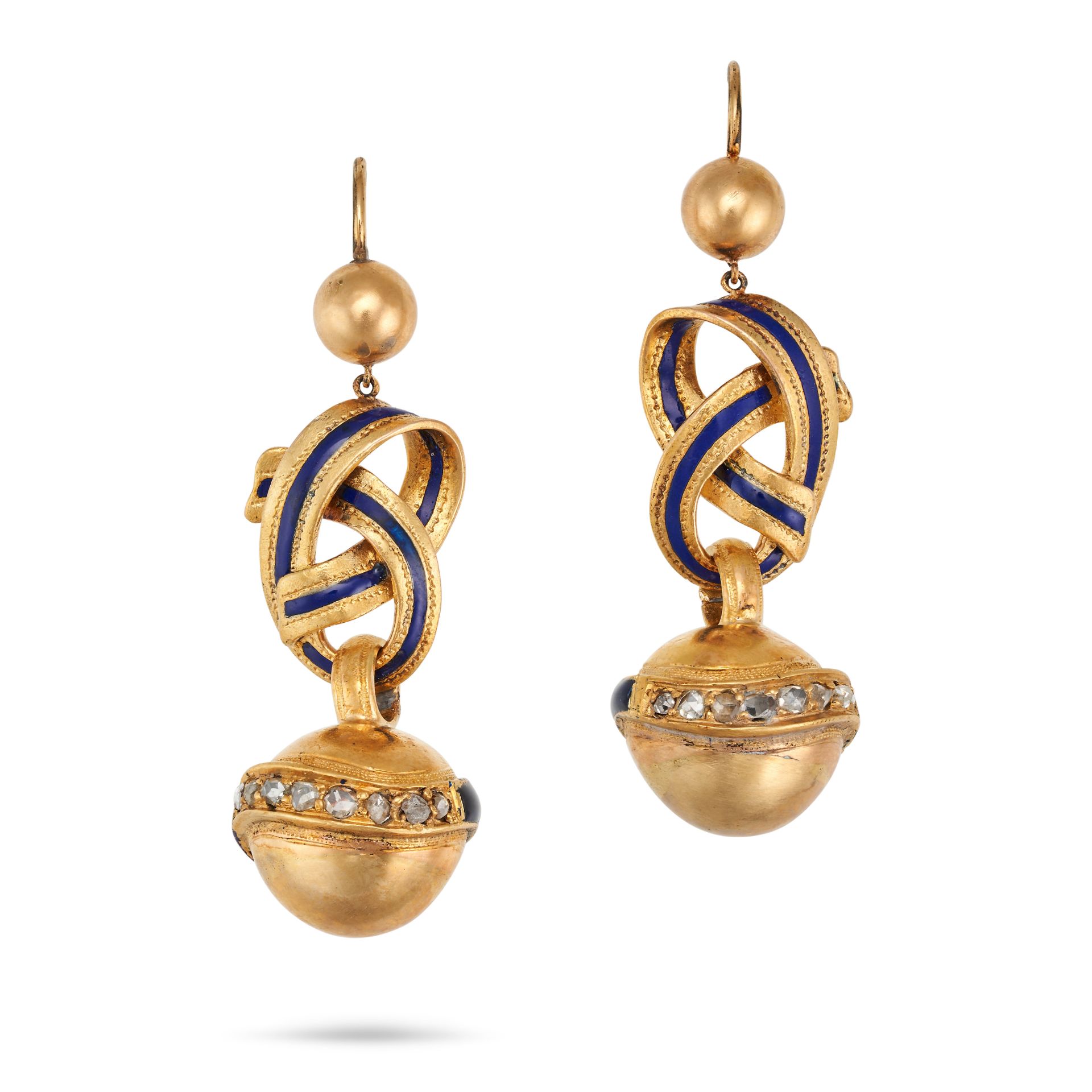 A PAIR OF ANTIQUE DIAMOND AND ENAMEL LOVER'S KNOT EARRINGS in yellow gold, each designed as a lov...