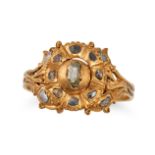 AN ANTIQUE IBERIAN DIAMOND RING in yellow gold, set with a cluster of table and rose cut diamonds...