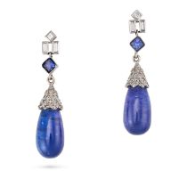 A PAIR OF TANZANITE AND DIAMOND DROP EARRINGS each comprising a row of carre and baguette cut dia...