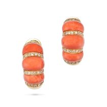 A PAIR OF CORAL AND DIAMOND CLIP EARRINGS in 18ct yellow gold, each set with three polished coral...