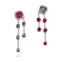 A PAIR OF SPINEL AND DIAMOND DROP EARRING one set with a cushion cut spinel in a border of round ...