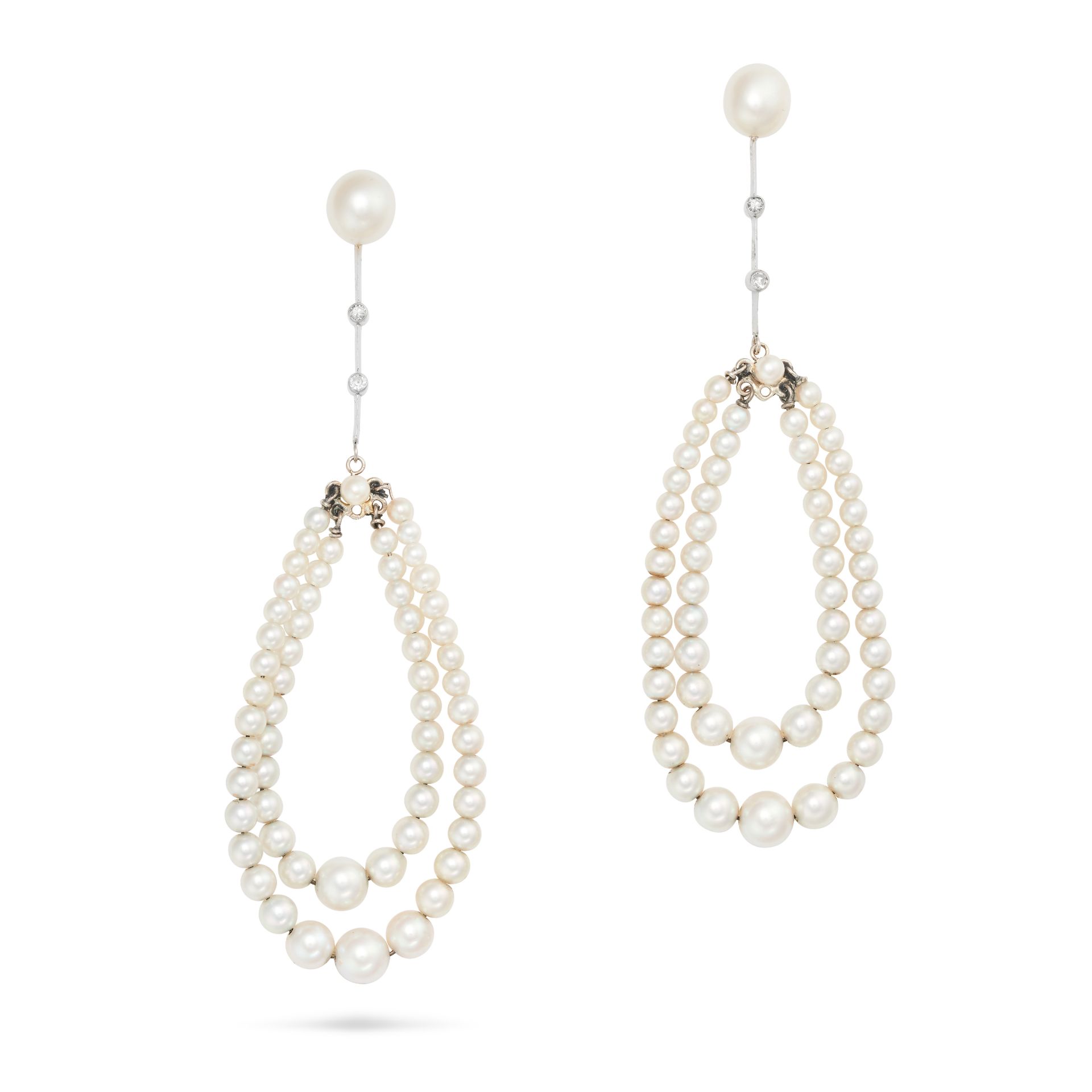 A PAIR OF PEARL AND DIAMOND DROP EARRINGS in white gold, each comprising a pearl stud suspending ...