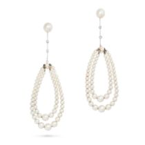 A PAIR OF PEARL AND DIAMOND DROP EARRINGS in white gold, each comprising a pearl stud suspending ...